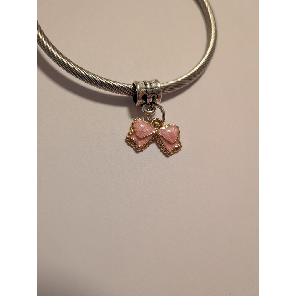 Pink Enamel Bow Dangle Charm Gold Tone Scalloped Edge for Bracelet